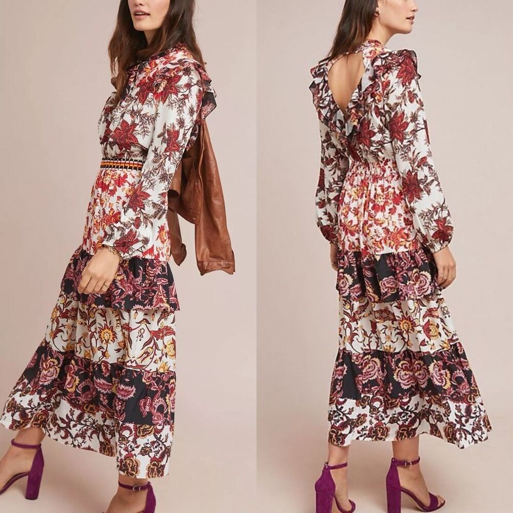 Anthropologie Floral Maxi Dress - Red, White, Black